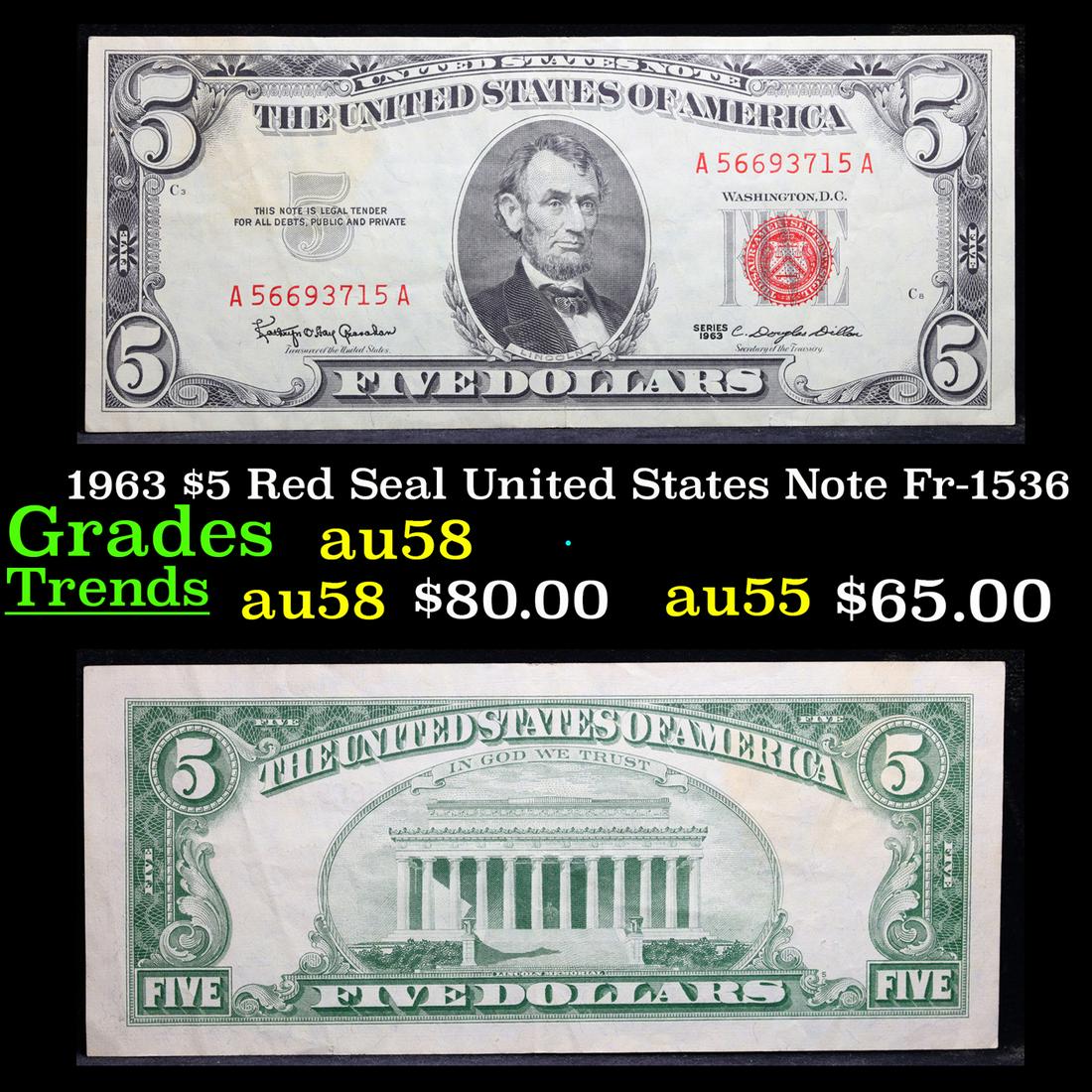 1963 $5 Red Seal United States Note Fr-1536 Grades Choice AU/BU Slider (1 of 3)