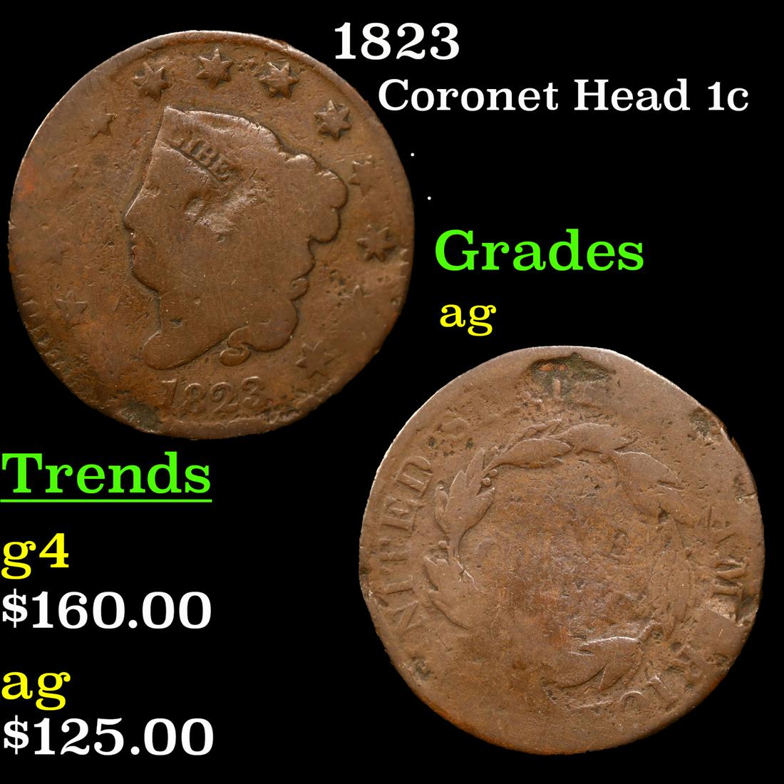 1823 Coronet Head Large Cent 1c Grades ag (1 of 3)