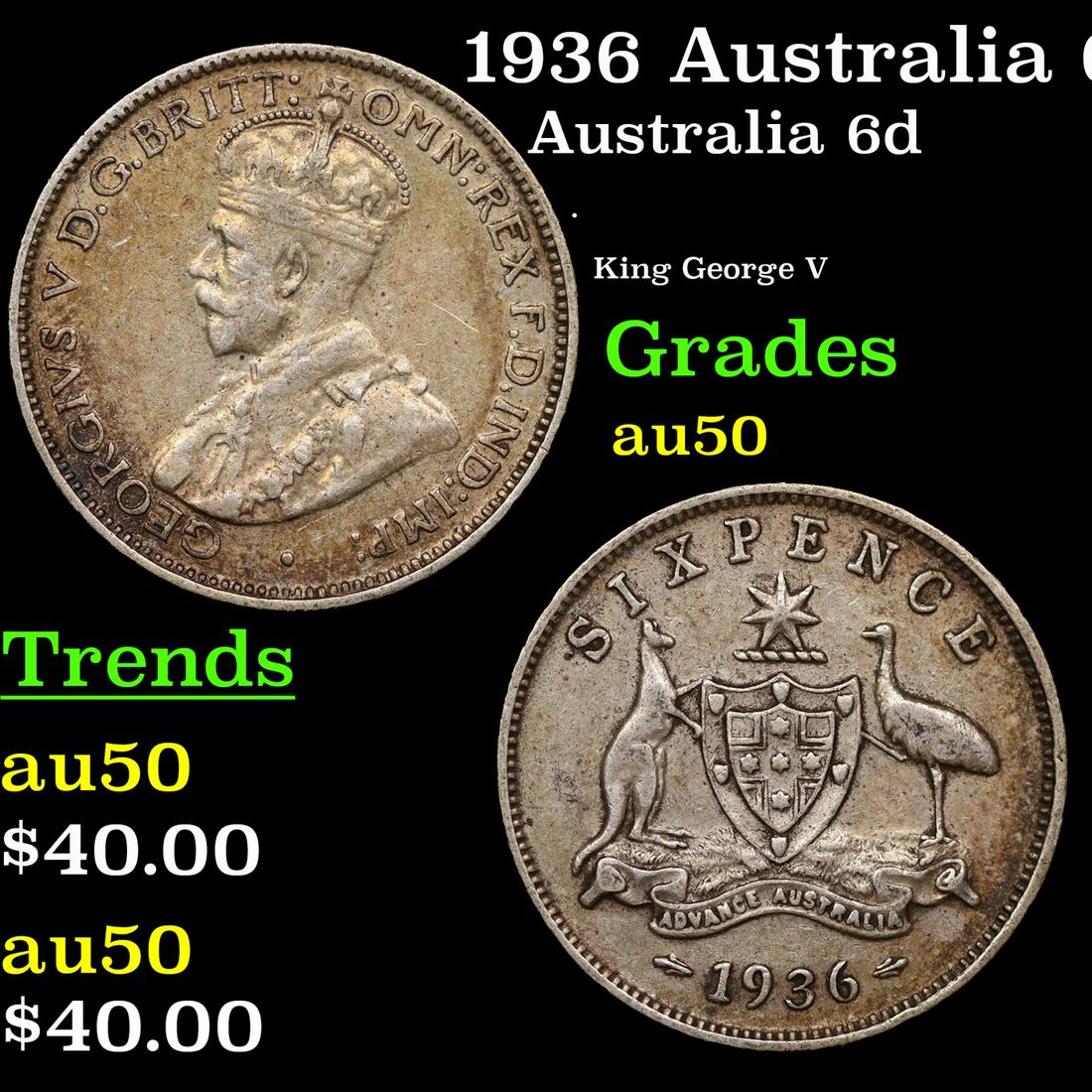 1936 Australia 6 Pence Sixpence Silver KM-25 Grades AU, Almost Unc: 1936 Australia 6 Pence Sixpence Silver KM-25 Grades AU, Almost Unc.
