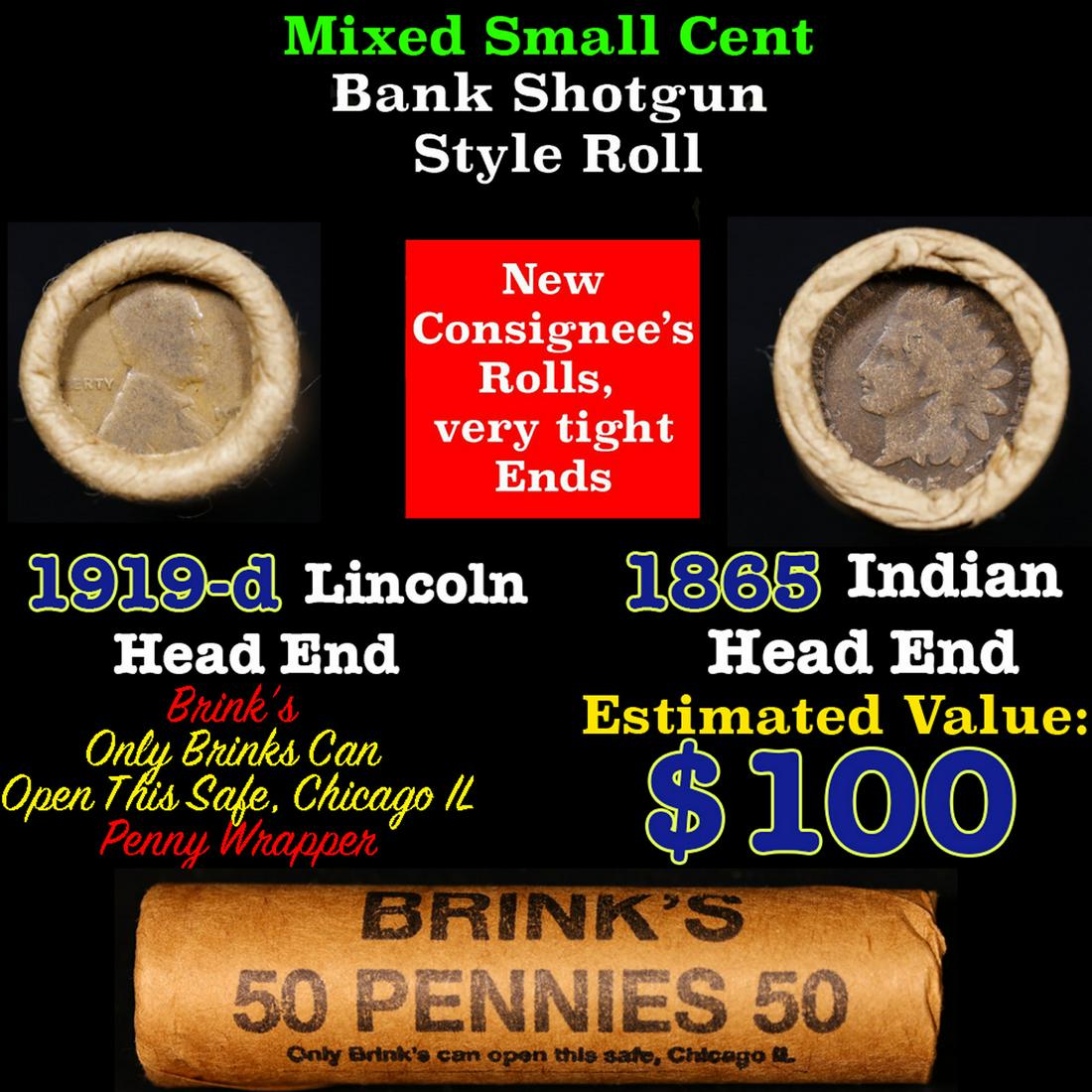 Mixed small cents 1c orig shotgun roll, 1919-D Wheat Cent, 1865 Indian Cent other end, Brinks Wrappe (1 of 3)