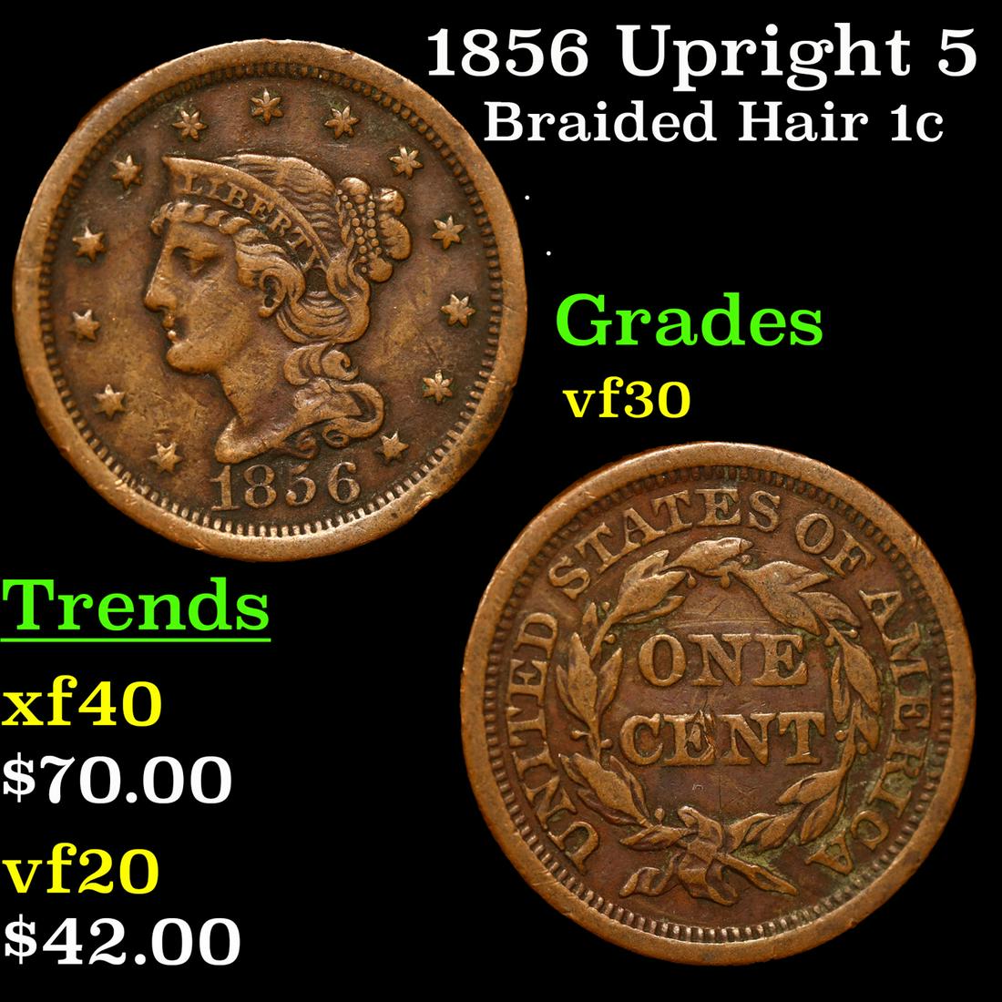 1856 Upright 5 Braided Hair Large Cent 1c Grades vf++ (1 of 3)
