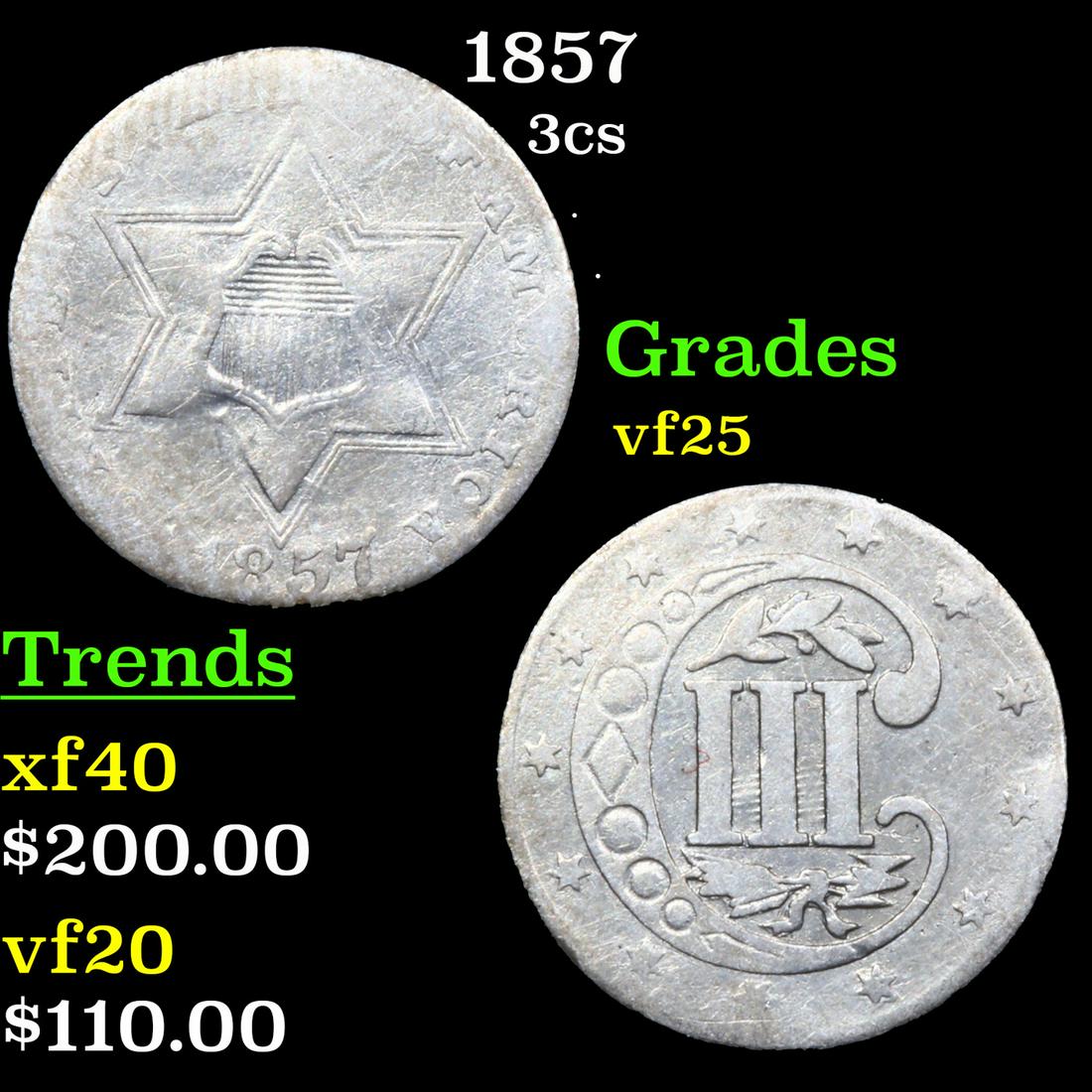 1857 Three Cent Silver 3cs Grades vf+ (1 of 3)