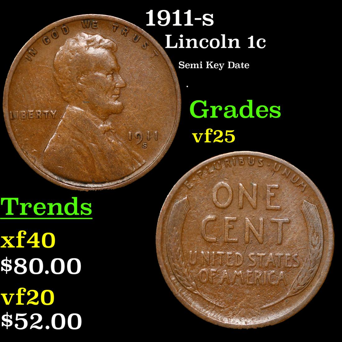 1911-s Lincoln Cent 1c Grades vf+ (1 of 3)