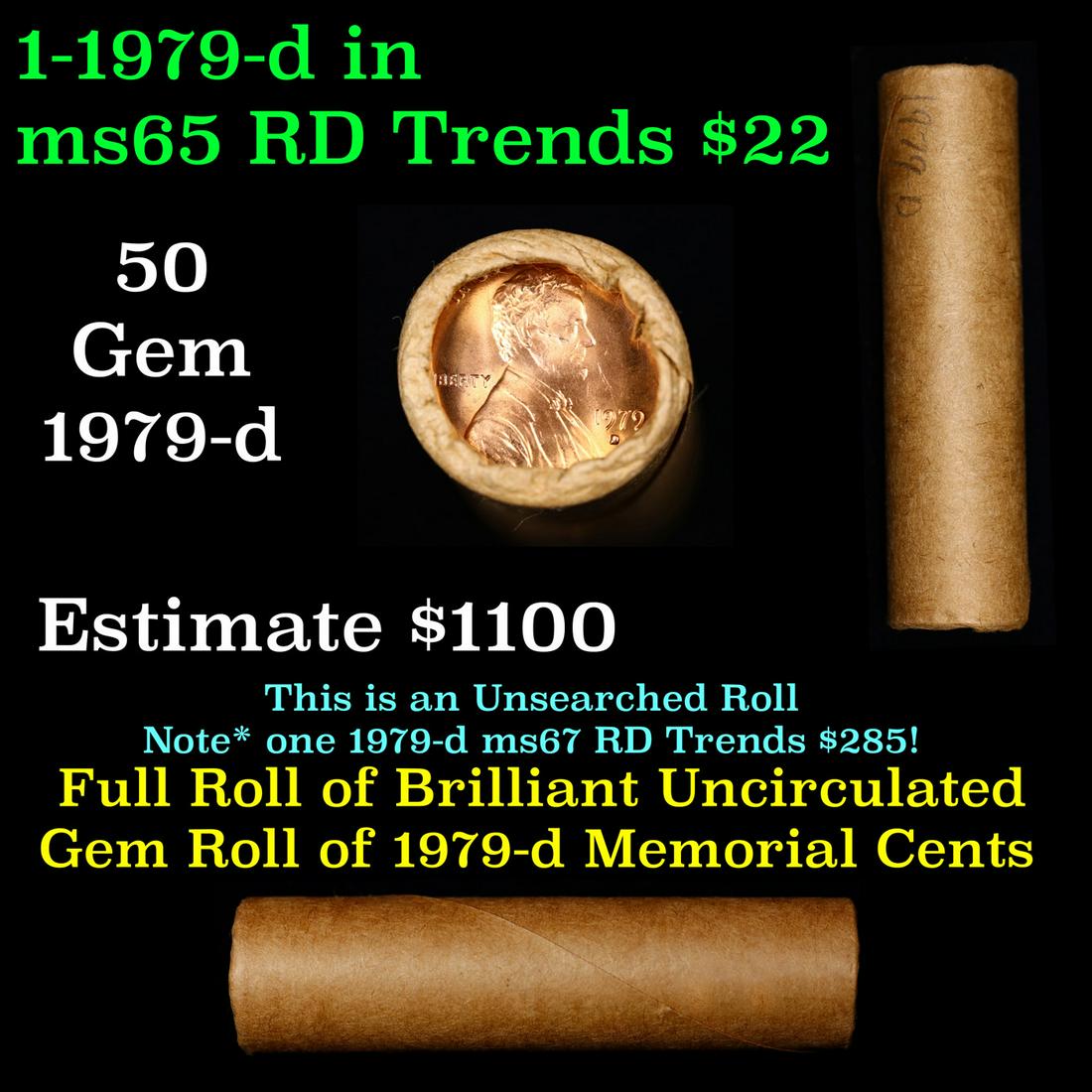 Shotgun Lincoln 1c roll, 1979-d 50 pcs Brandt Wrapper.: Shotgun Lincoln 1c roll, 1979-d 50 pcs Brandt Wrapper.. A terrific Shotgun roll of Lincoln cents. Most if not all coin should be cherry red.