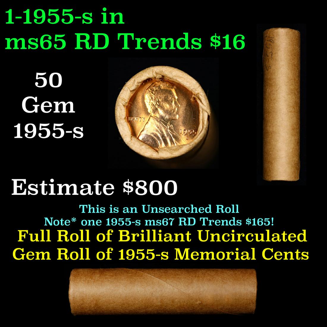 Shotgun Lincoln 1c roll, 1955-s 50 pcs Brandt Wrapper.: Shotgun Lincoln 1c roll, 1955-s 50 pcs Brandt Wrapper.. A terrific Shotgun roll of Lincoln cents. Most if not all coin should be cherry red.