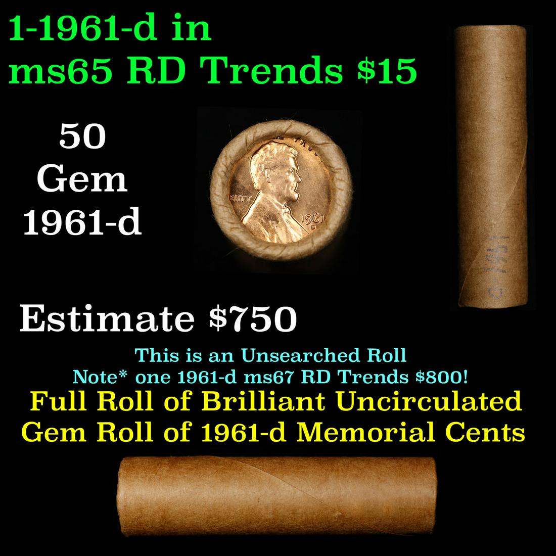 Shotgun Lincoln 1c roll, 1961-d 50 pcs Brandt Wrapper.: Shotgun Lincoln 1c roll, 1961-d 50 pcs Brandt Wrapper.. A terrific Shotgun roll of Lincoln cents. Most if not all coin should be cherry red.