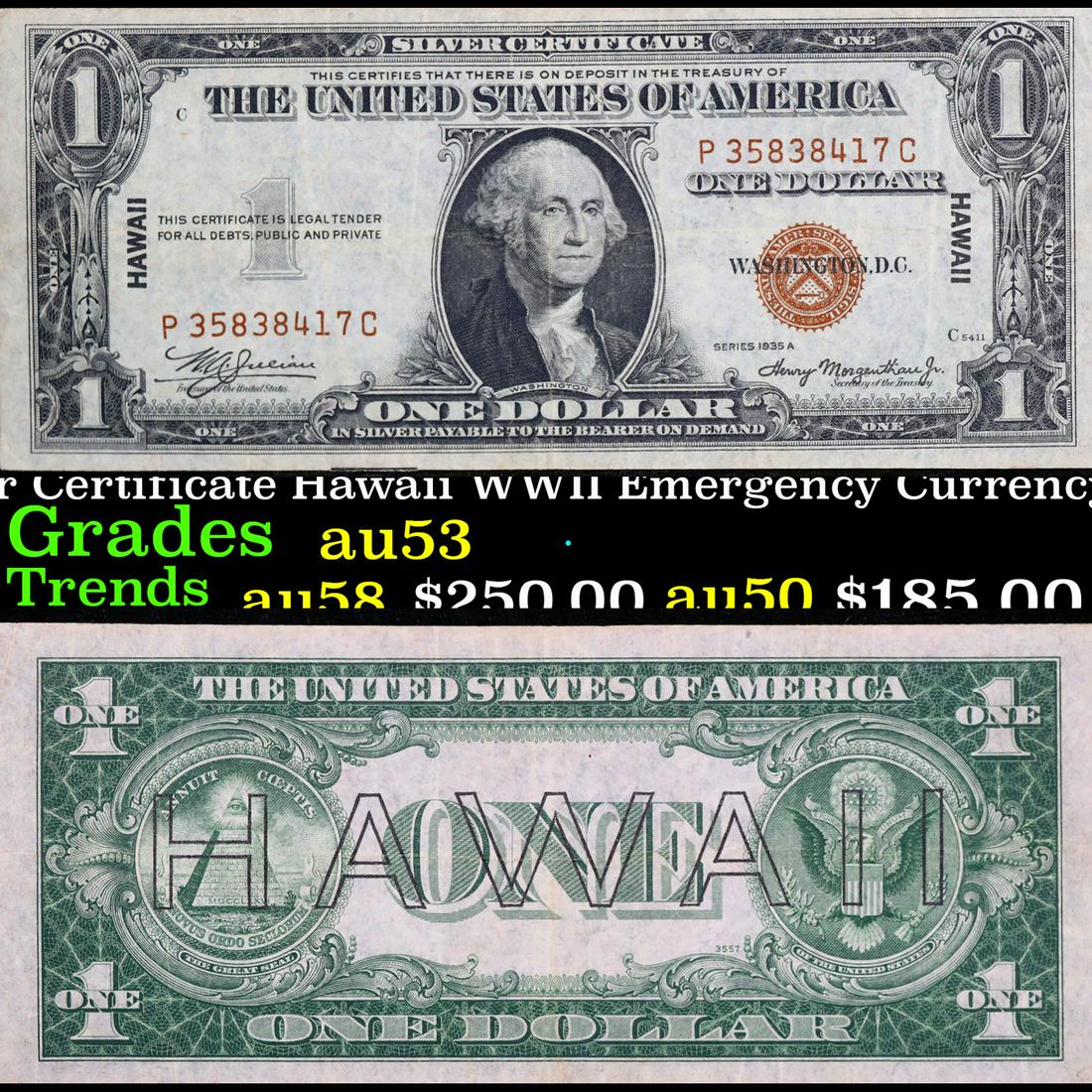 1935A $1 Silver Certificate Hawaii WWII Emergency Currency Rare PC Block Grades Select AU (1 of 3)