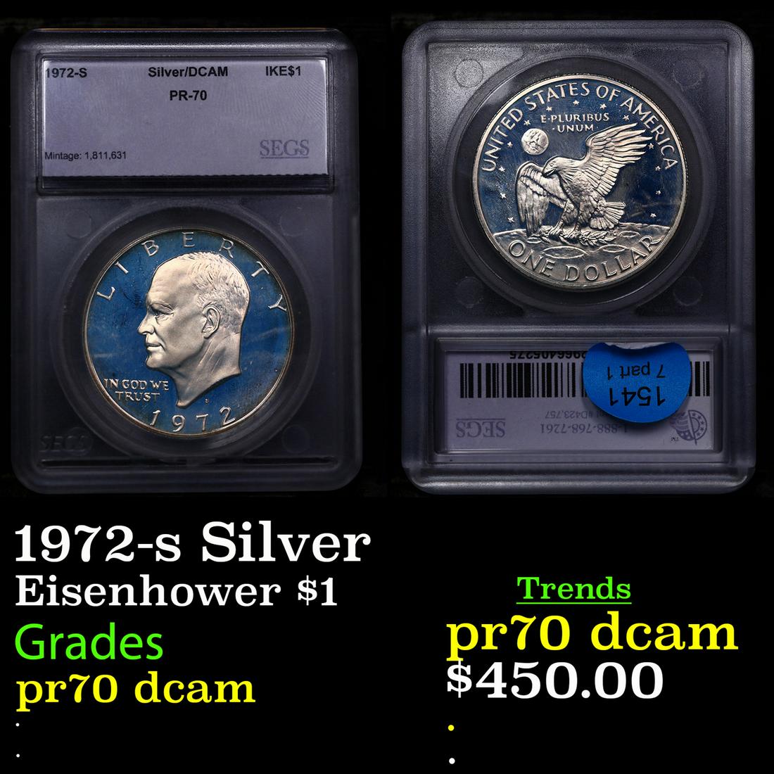 Proof 1972-s Silver Eisenhower Dollar $1 Graded pr70 dcam BY SEGS (1 of 3)