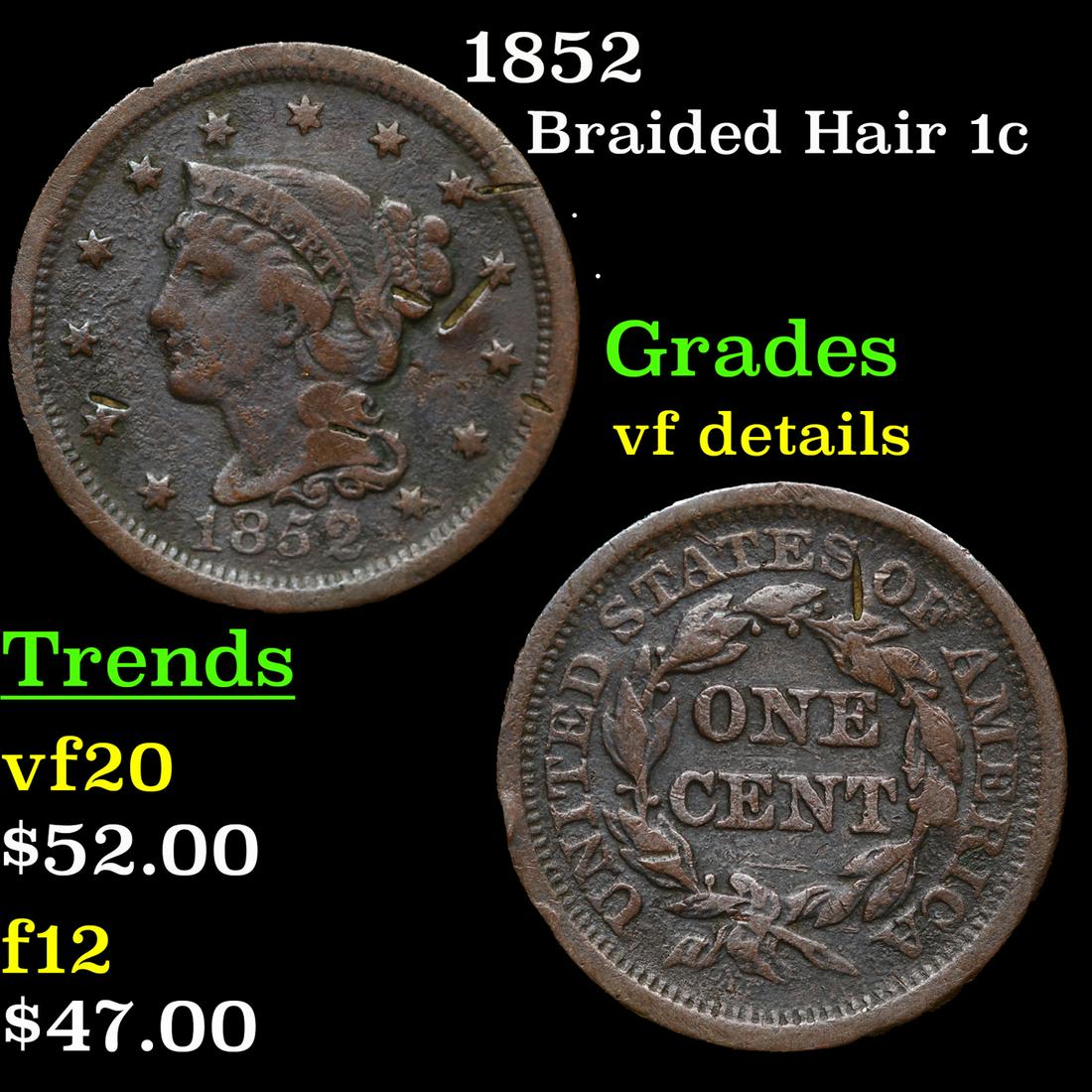 1852 Braided Hair Large Cent 1c Grades vf details (1 of 3)
