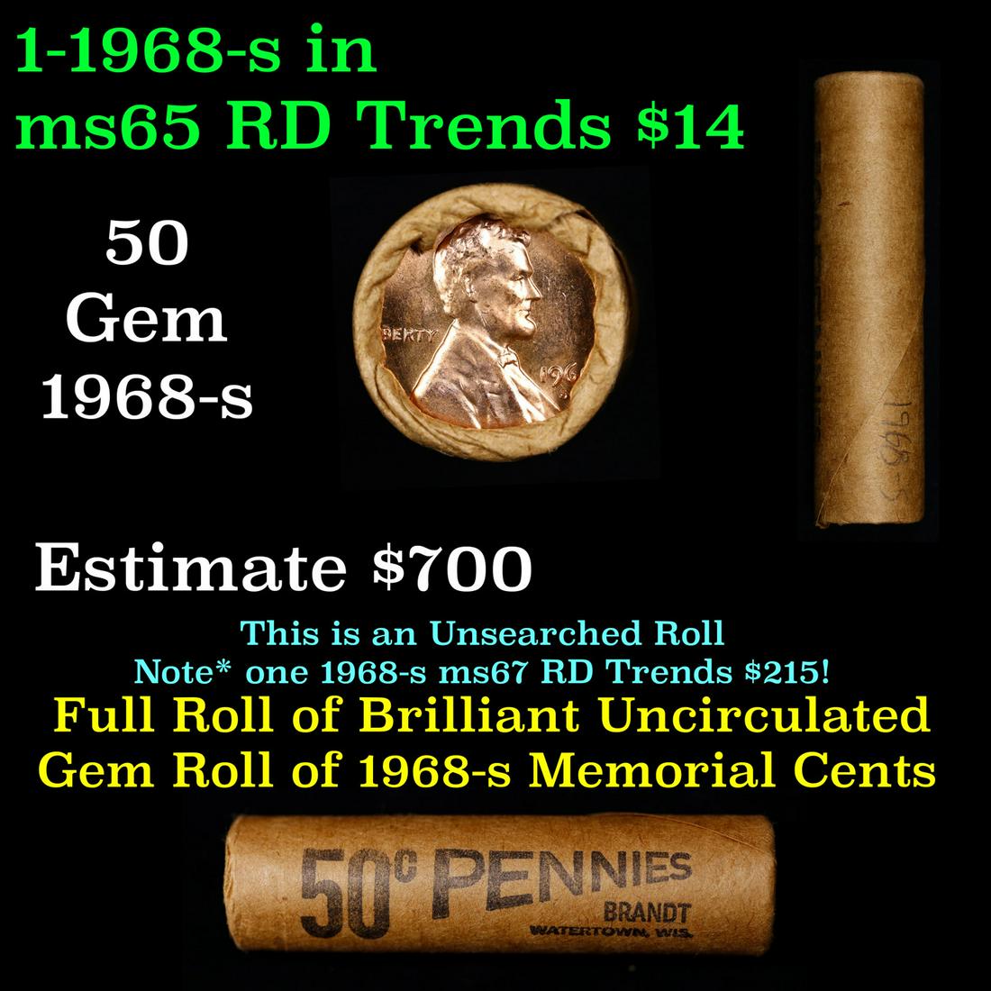 Shotgun Lincoln 1c roll, 1968-s 50 pcs Brandt Wrapper.: Shotgun Lincoln 1c roll, 1968-s 50 pcs Brandt Wrapper.. A terrific Shotgun roll of Lincoln cents. Most if not all coin should be cherry red.