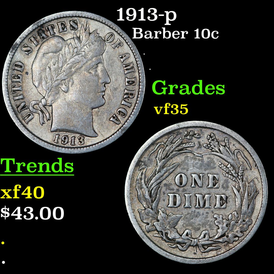1913-p Barber Dime 10c Grades vf++ (1 of 3)