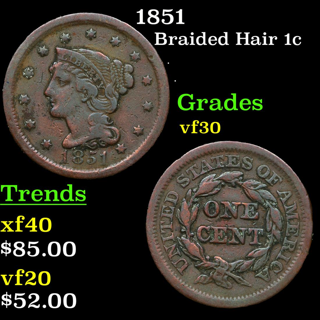 1851 Braided Hair Large Cent 1c Grades vf++ (1 of 3)