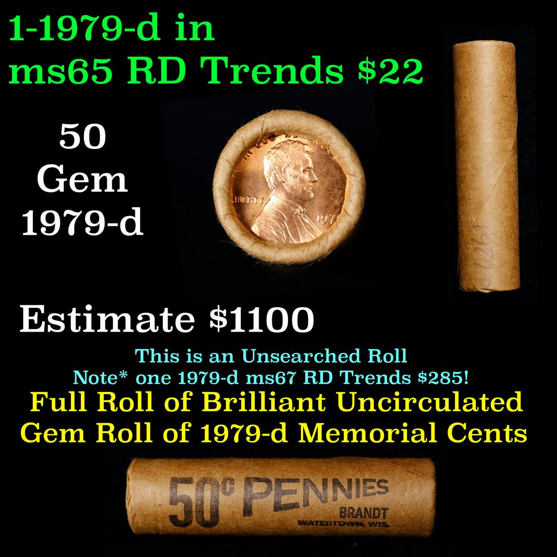 Shotgun Lincoln 1c roll, 1979-d 50 pcs Brandt Wrapper.: Shotgun Lincoln 1c roll, 1979-d 50 pcs Brandt Wrapper.. A terrific Shotgun roll of Lincoln cents. Most if not all coin should be cherry red.