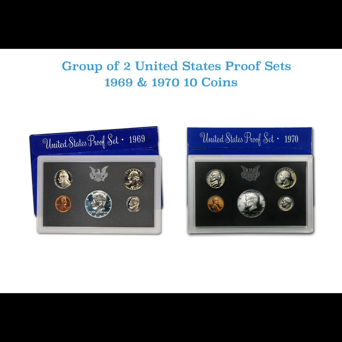 Group of 2 United States Mint Proof Sets 1969-1970. Containd 1970 Kennedy Half Dollar was struck in (1 of 3)