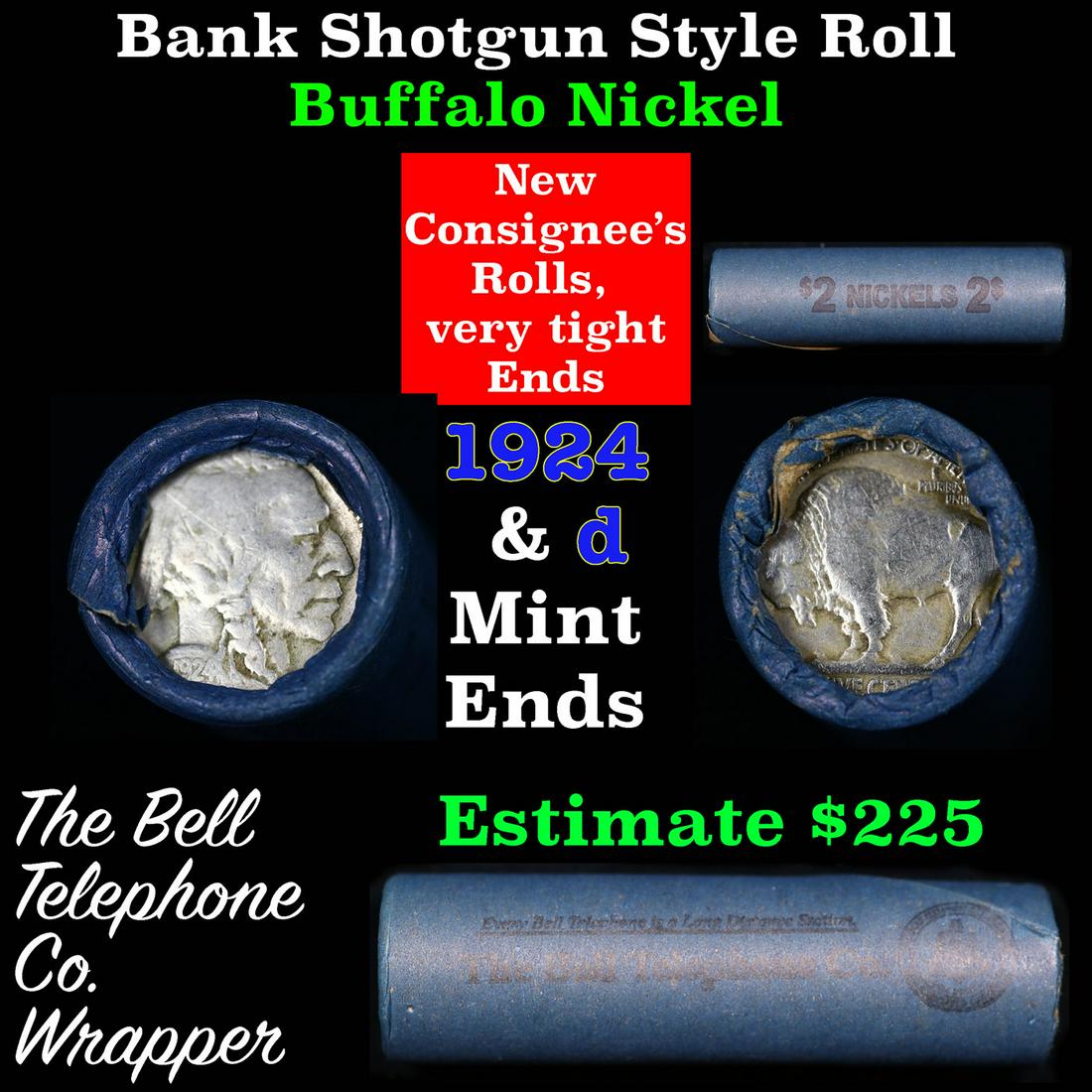 Buffalo Nickel Shotgun Roll in Old Bank Style 'Bell Telephone' Wrapper 1924 &d Mint Ends Grades: Buffalo Nickel Shotgun Roll in Old Bank Style 'Bell Telephone' Wrapper 1924 &d Mint Ends Grades. The roll is held in an old, rare "Bell Telephone Co." Bank style wrapper. This is the Bell Telephone lo