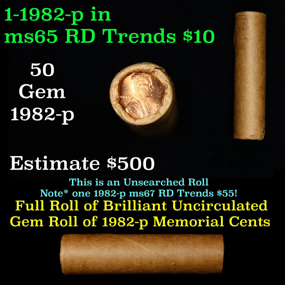 Shotgun Lincoln 1c roll, 1982-p 50 pcs Brandt Wrapper.: Shotgun Lincoln 1c roll, 1982-p 50 pcs Brandt Wrapper.. A terrific Shotgun roll of Lincoln cents. Most if not all coin should be cherry red.
