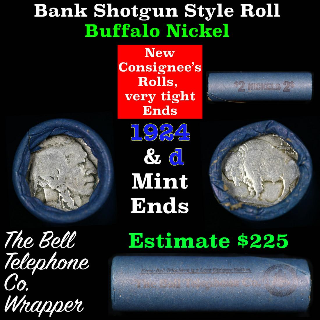 Buffalo Nickel Shotgun Roll in Old Bank Style 'Bell Telephone' Wrapper 1924 &d Mint Ends Grades: Buffalo Nickel Shotgun Roll in Old Bank Style 'Bell Telephone' Wrapper 1924 &d Mint Ends Grades. The roll is held in an old, rare "Bell Telephone Co." Bank style wrapper. This is the Bell Telephone lo