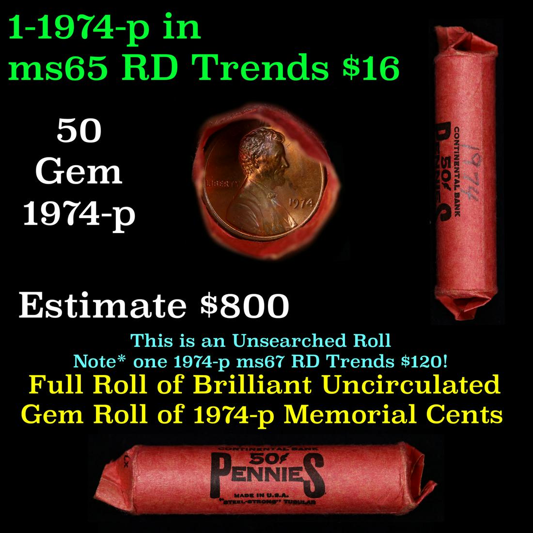 Shotgun Lincoln 1c roll, 1974-p 50 pcs steel strong: Shotgun Lincoln 1c roll, 1974-p 50 pcs steel strong. A terrific Shotgun roll of Lincoln cents. Most if not all coin should be cherry red.