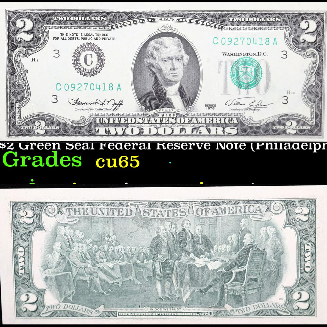 1976 $2 Green Seal Federal Reserve Note (Philadelphia, PA) Grades Gem CU (1 of 3)