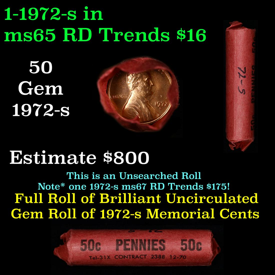Shotgun Lincoln 1c roll, 1972-s 50 pcs Contract Wrapper.: Shotgun Lincoln 1c roll, 1972-s 50 pcs Contract Wrapper.. A terrific Shotgun roll of Lincoln cents. Most if not all coin should be cherry red.