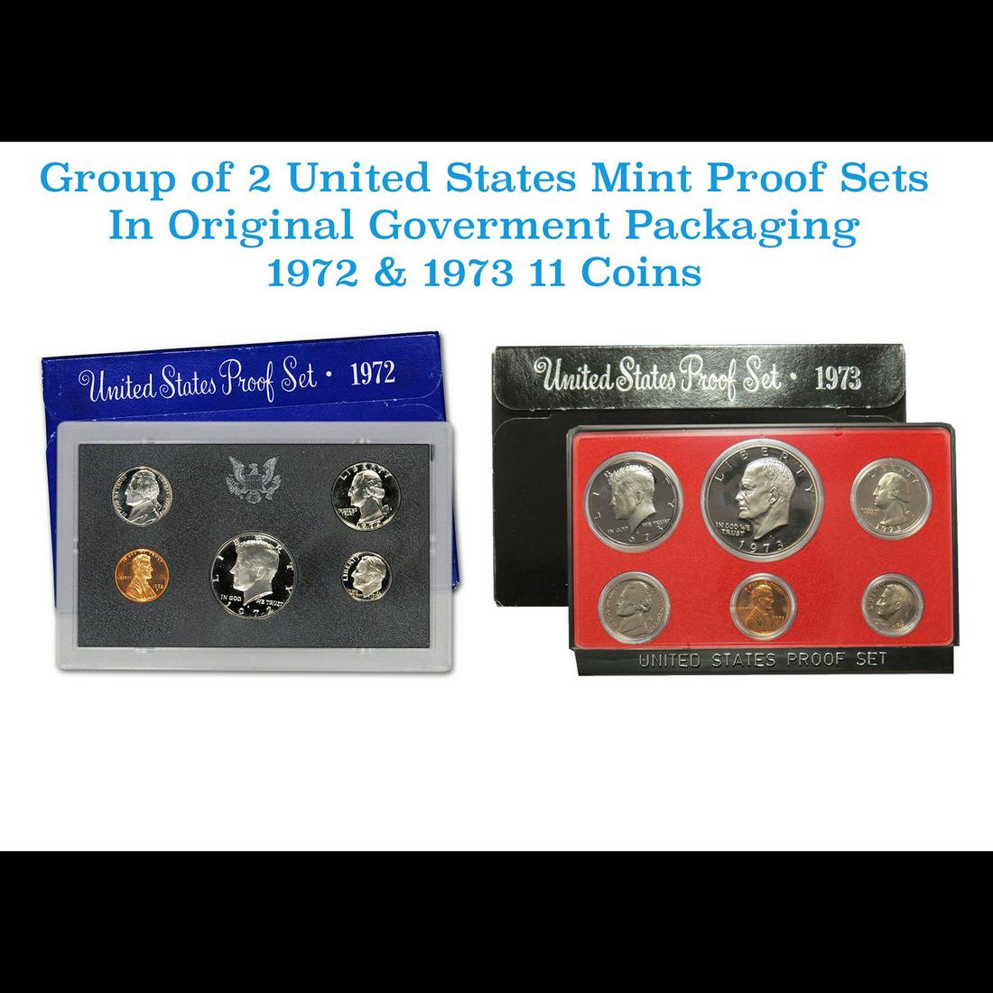 Group of 2 United States Mint Proof Sets 1972-1973 In Original Government Packaging 11 coins (1 of 3)