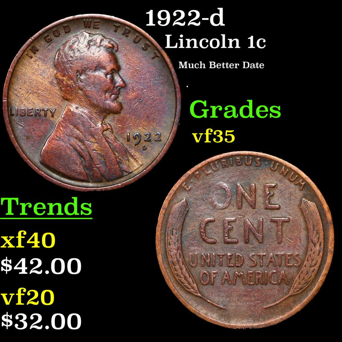 1922-d Lincoln Cent 1c Grades vf++ (1 of 3)