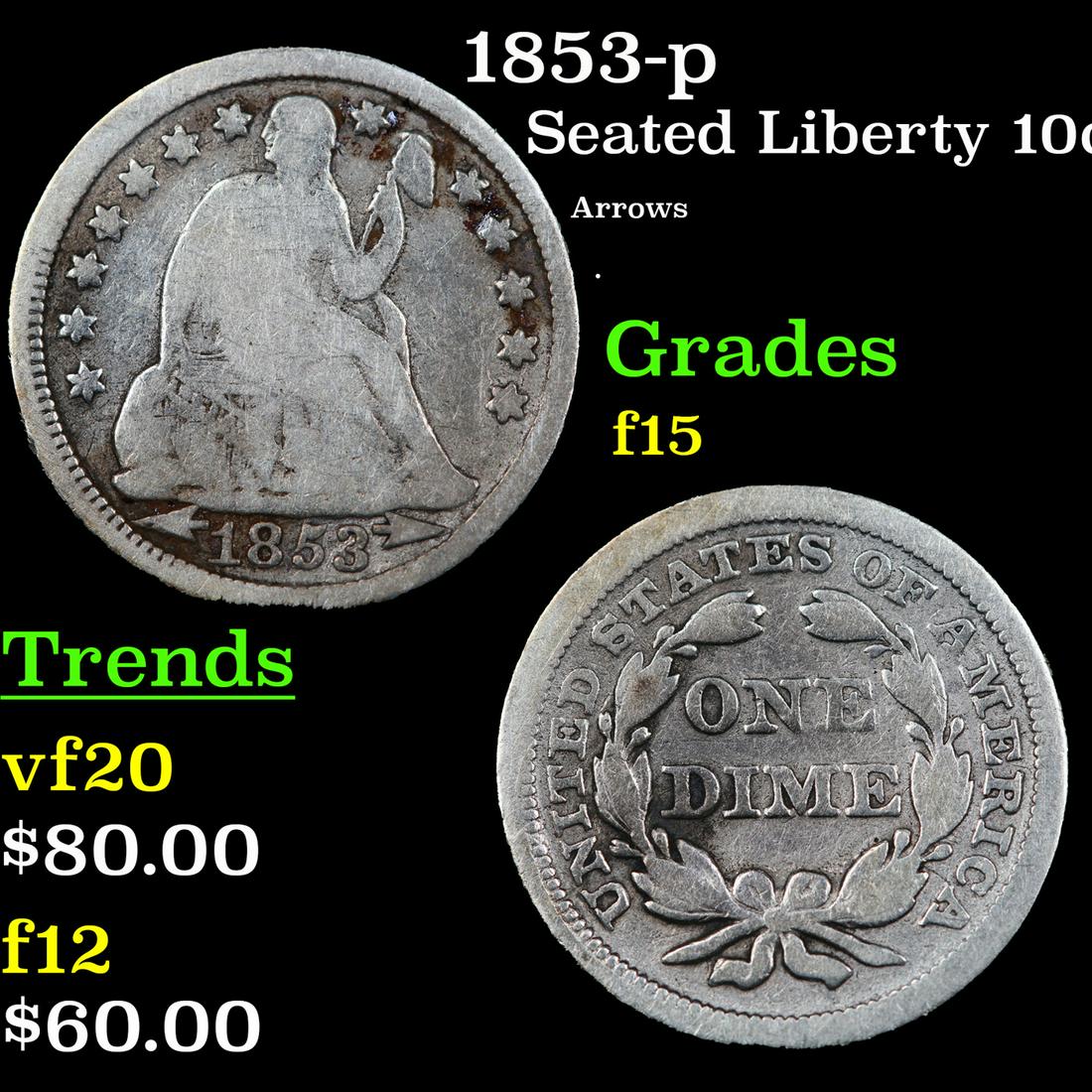 1853-p Seated Liberty Dime 10c Grades f+ (1 of 3)