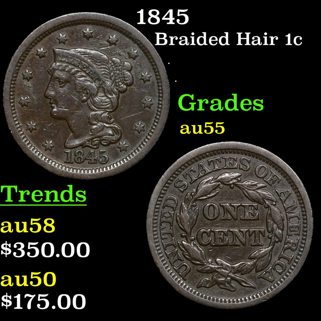 1845 Braided Hair Large Cent 1c Grades Choice AU (1 of 3)