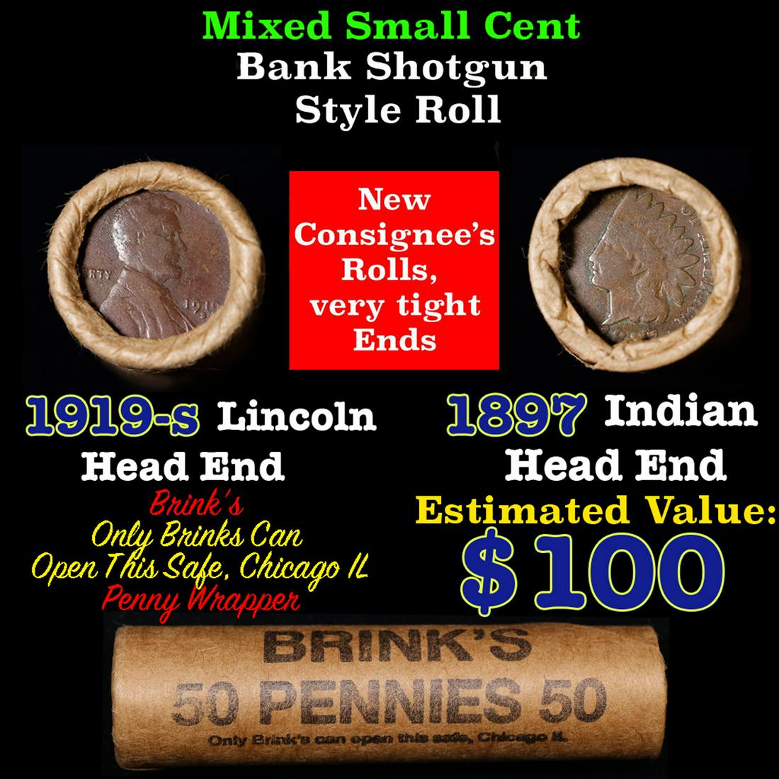 Mixed small cents 1c orig shotgun roll, 1919-s Wheat Cent, 1897 Indian Cent other end, Brinks (1 of 4)