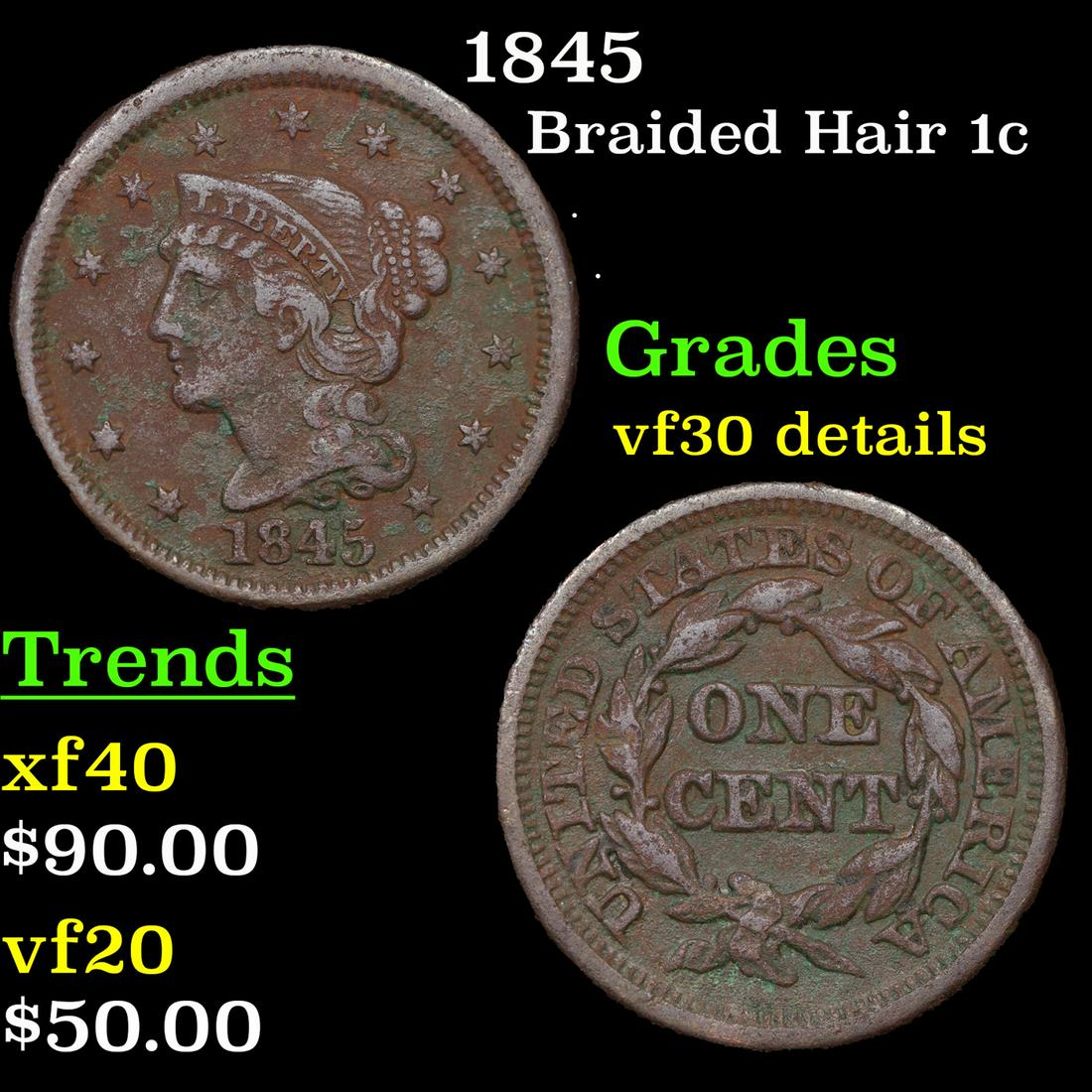 1845 Braided Hair Large Cent 1c Grades VF Details (1 of 3)