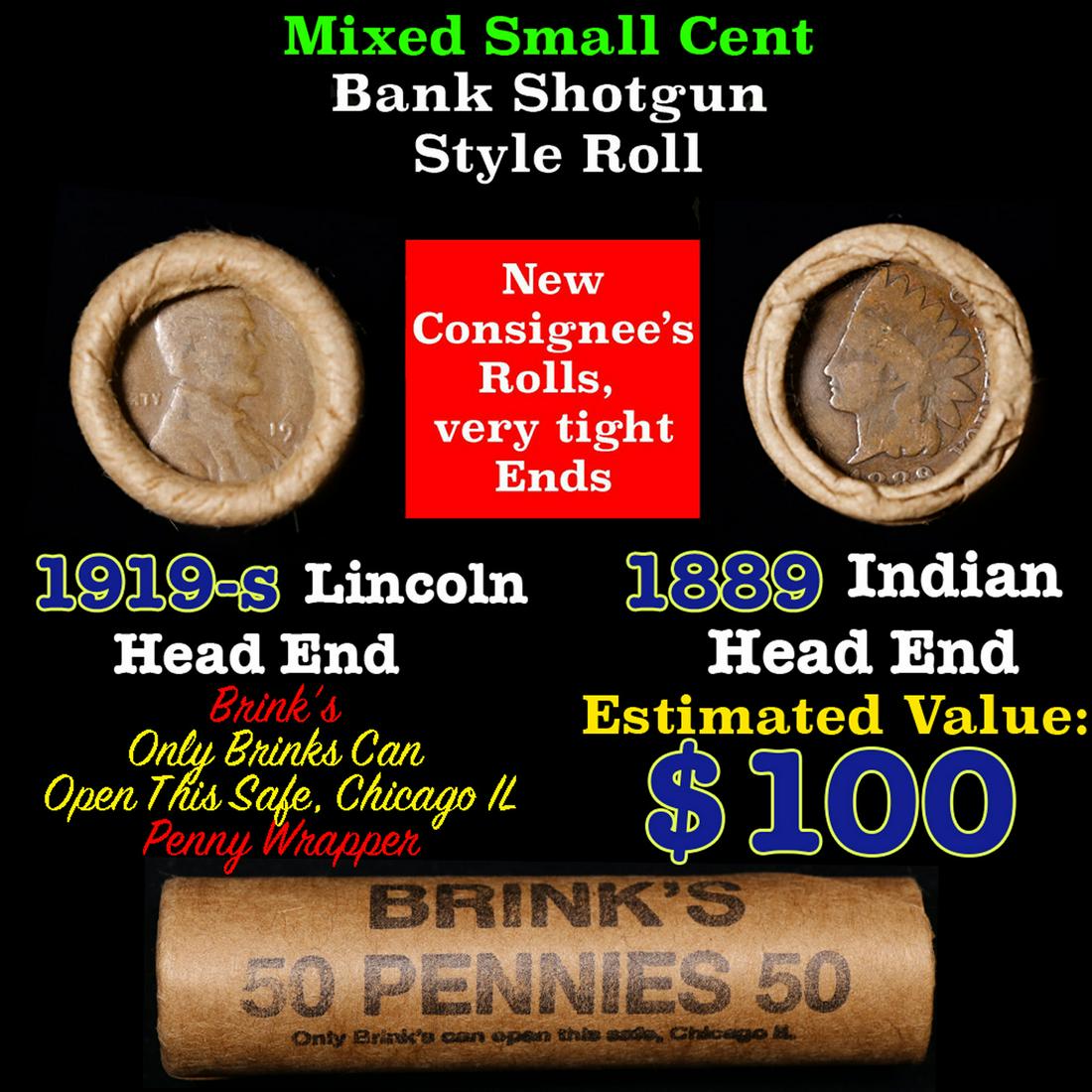 Mixed small cents 1c orig shotgun roll, 1919-s Wheat Cent, 1889 Indian Cent other end, Brinks (1 of 4)