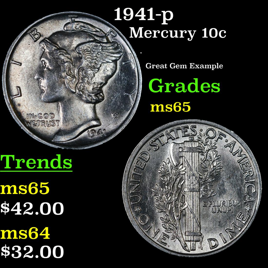 1941-p Mercury Dime 10c Grades GEM Unc (1 of 3)