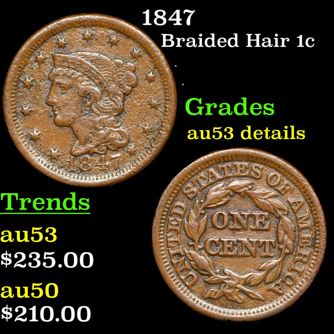 1847 Braided Hair Large Cent 1c Grades AU Details (1 of 3)