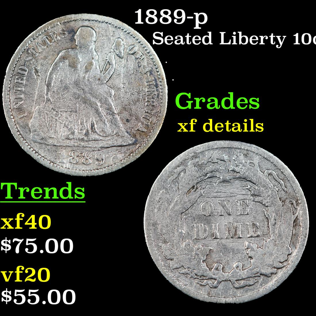 1889-p Seated Liberty Dime 10c Grades xf details (1 of 3)