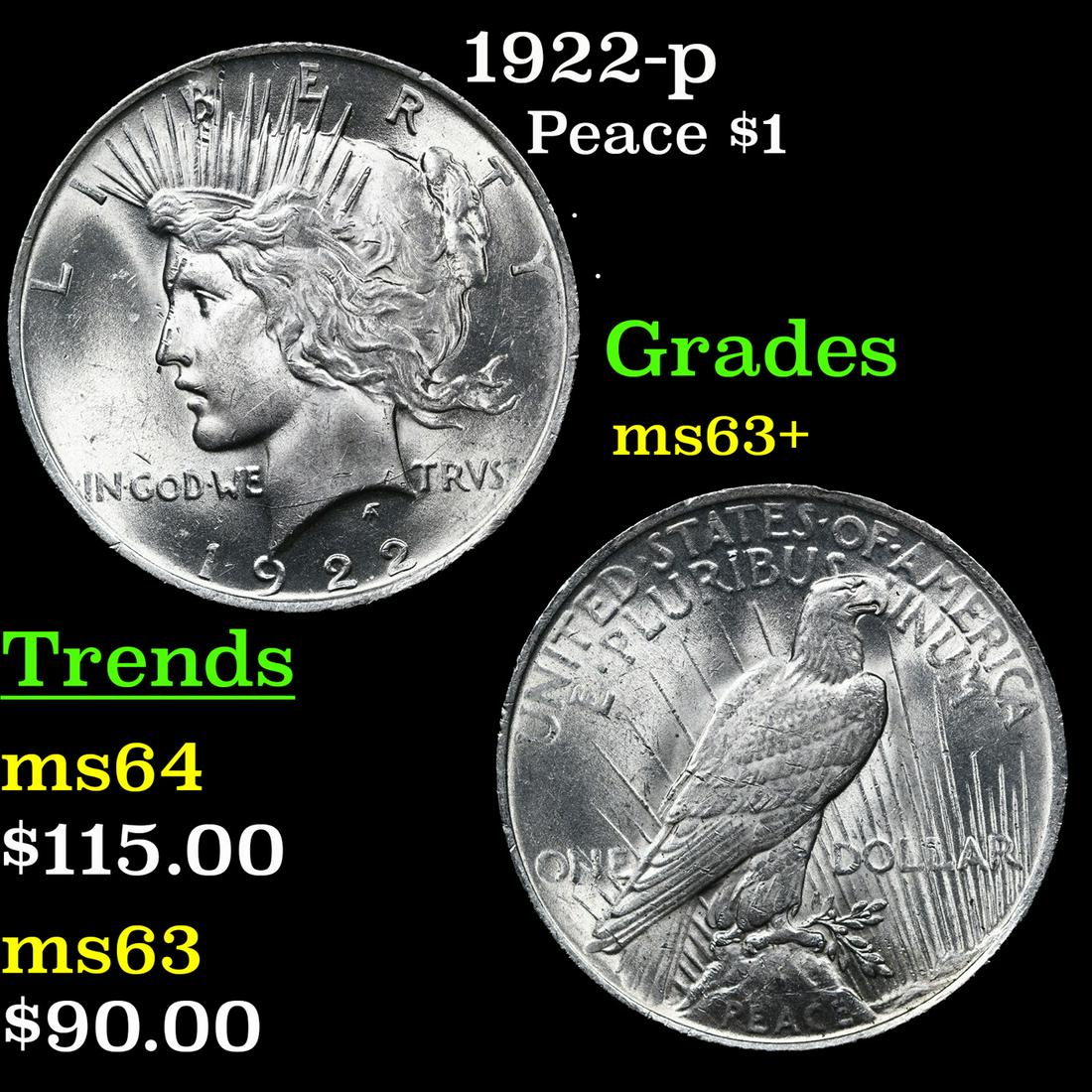 1922-p Peace Dollar $1 Grades Select+ Unc (1 of 3)