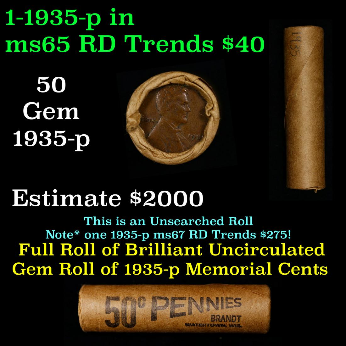 Shotgun Lincoln 1c roll, 1935-p 50 pcs Brandt Wrapper.: Shotgun Lincoln 1c roll, 1935-p 50 pcs Brandt Wrapper.. A terrific Shotgun roll of Lincoln cents. Most if not all coin should be cherry red.
