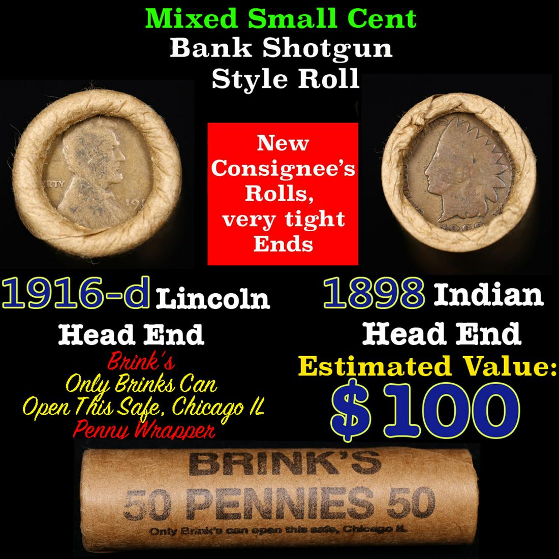 Mixed small cents 1c orig shotgun roll, 1916-d Wheat Cent, 1898 Indian Cent other end, Brinks (1 of 3)