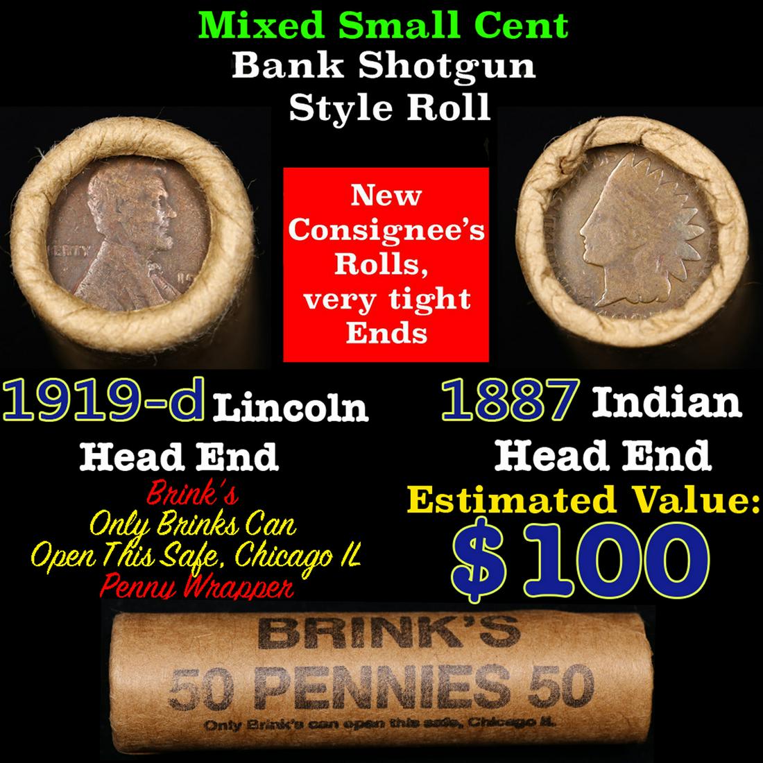 Mixed small cents 1c orig shotgun roll, 1919-d Wheat Cent, 1887 Indian Cent other end, Brinks (1 of 3)