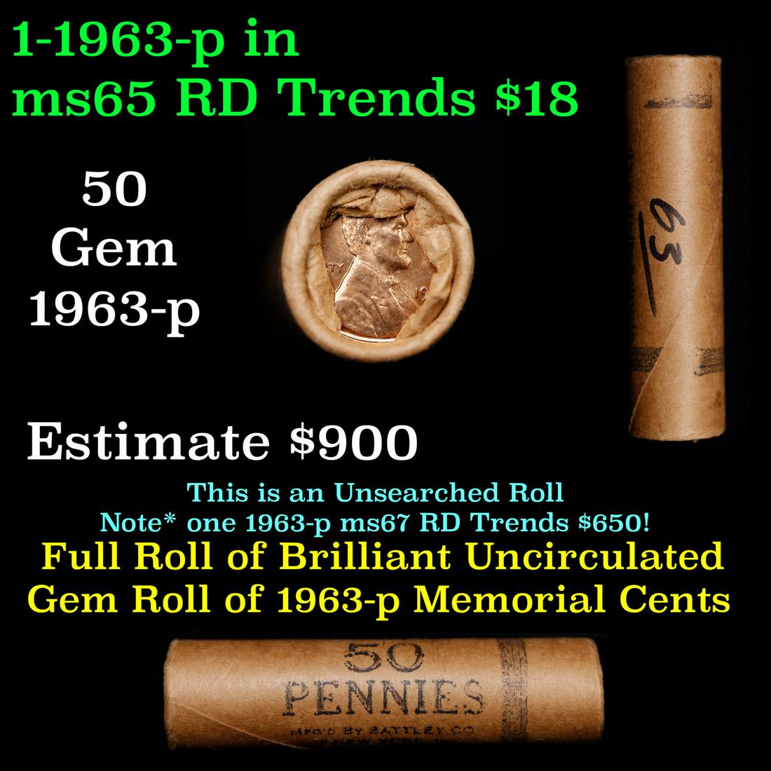 Shotgun Lincoln 1c roll, 1963-p 50 pcs philedelphia national bank: Shotgun Lincoln 1c roll, 1963-p 50 pcs philedelphia national bank. A terrific Shotgun roll of Lincoln cents. Most if not all coin should be cherry red.
