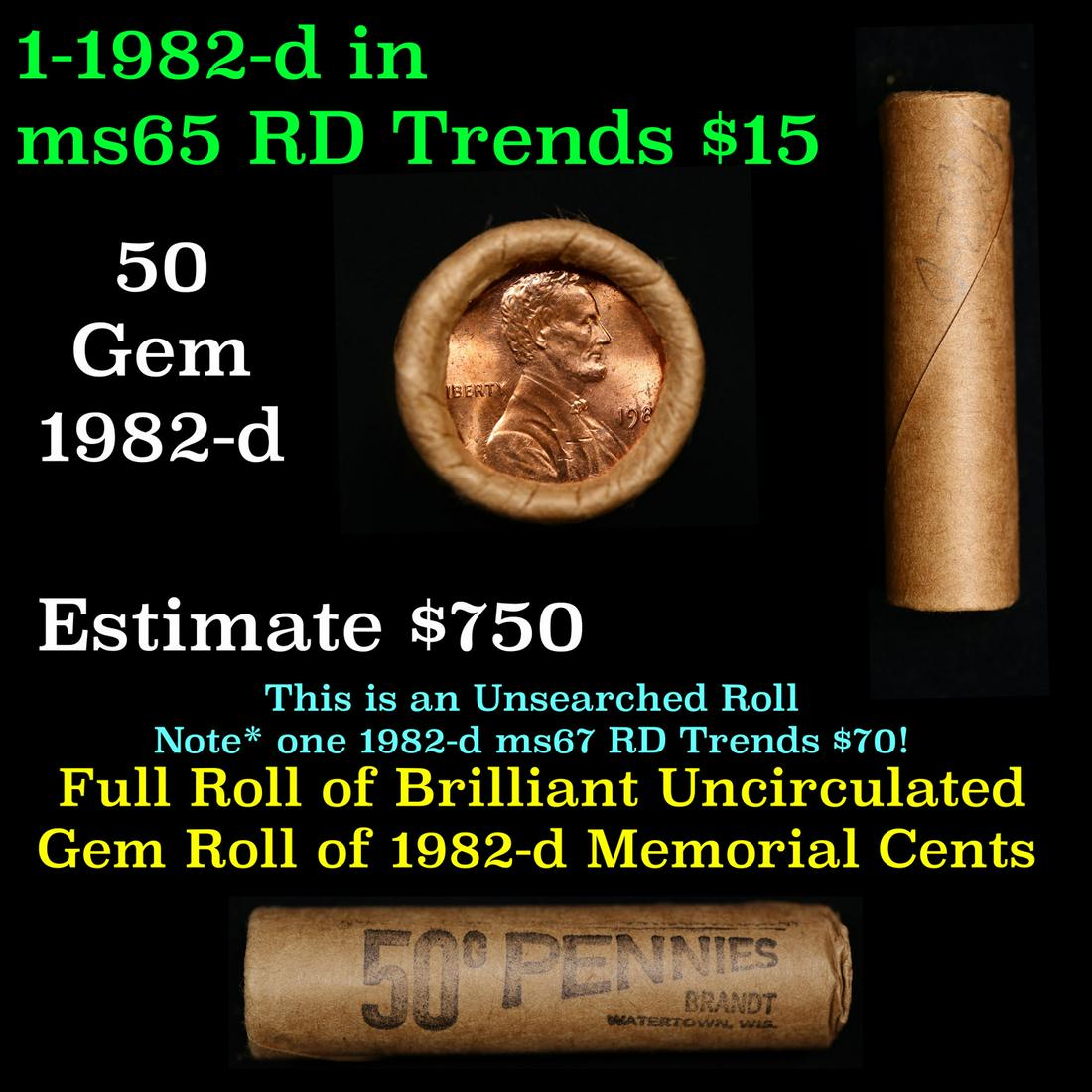 Shotgun Lincoln 1c roll, 1982-d 50 pcs Brandt Wrapper.: Shotgun Lincoln 1c roll, 1982-d 50 pcs Brandt Wrapper.. A terrific Shotgun roll of Lincoln cents. Most if not all coin should be cherry red.