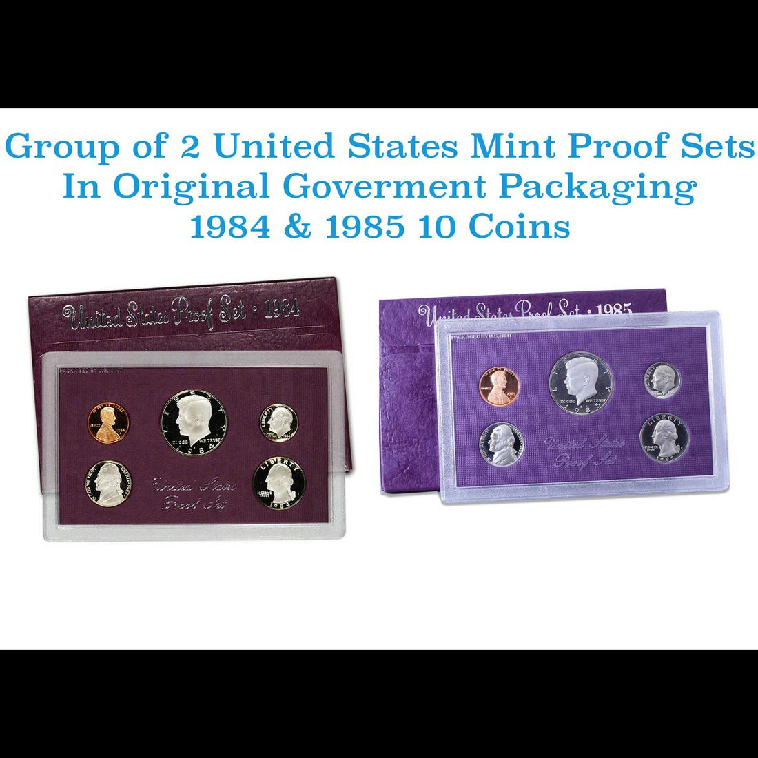Group of 2 United States Mint Proof Sets 1984-1985 10 coins: Group of 2 United States Mint Proof Sets 1984-1985 10 coins. Group of 2 United States Proof Sets 1984-1985 10 coins. Each Set contains 5 coins, the Kennedy Half, Washington Quarter, Roosevelt Dime, Je