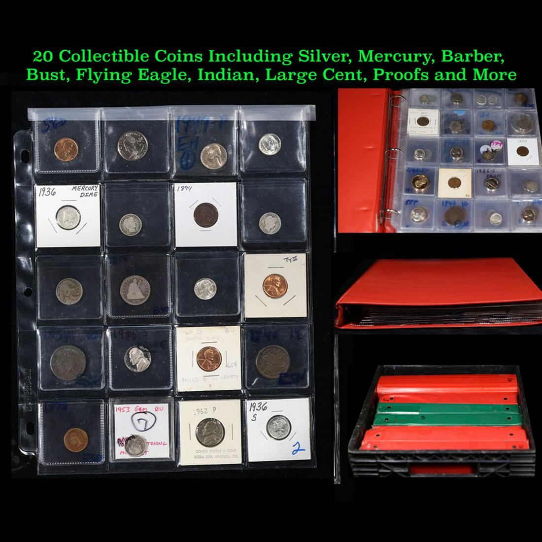 20 Collectible Coins Including Silver, Mercury, Barber, Bust, Flying Eagle, Indian, Large Cent,: 20 Collectible Coins Including Silver, Mercury, Barber, Bust, Flying Eagle, Indian, Large Cent, Proofs and More!. We have received a huge collection of over 10 thousand US coins in flips, 2x2 holders,