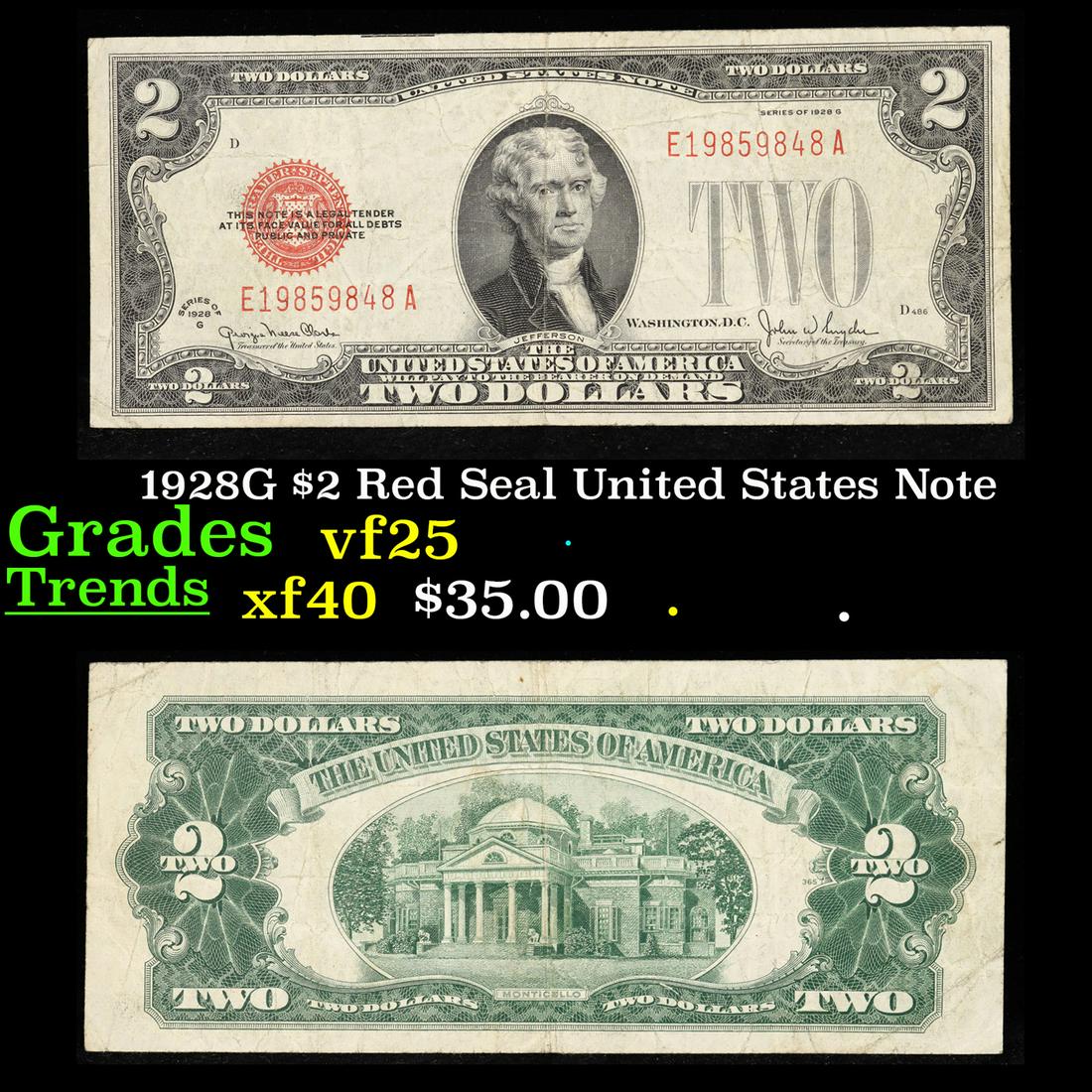 1928G $2 Red Seal United States Note Grades vf+ (1 of 3)