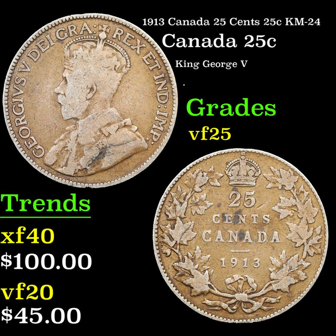 1913 Canada 25 Cents 25c KM-24 Grades vf+: 1913 Canada 25 Cents 25c KM-24 Grades vf+. King George V (George Frederick Ernest Albert; 3 June 1865 â€“ 20 January 1936) was King of the United Kingdom and the British Dominions, and Emperor of