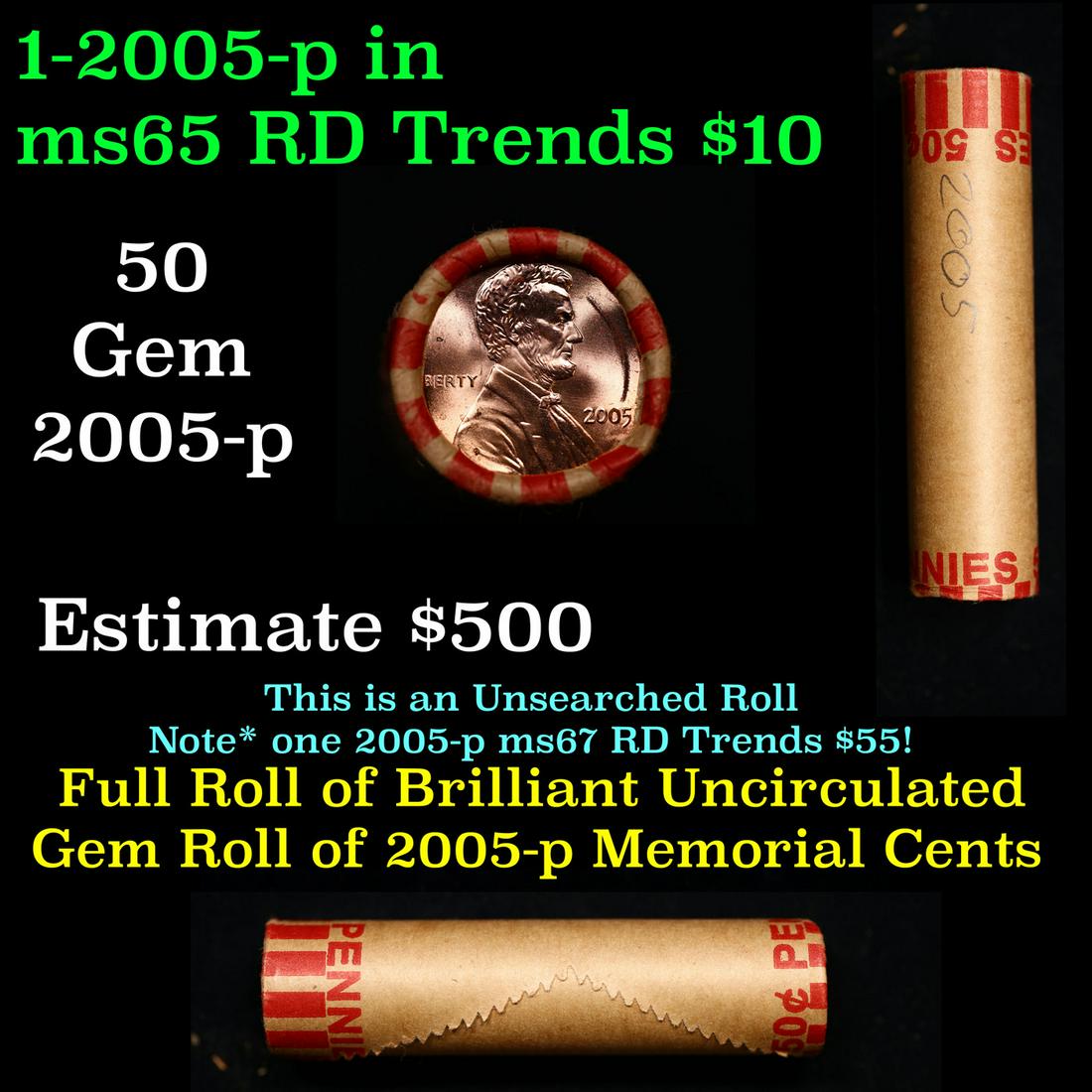 Shotgun Lincoln 1c roll, 2005-p 50 pcs Brandt Wrapper.: Shotgun Lincoln 1c roll, 2005-p 50 pcs Brandt Wrapper.. A terrific Shotgun roll of Lincoln cents. Most if not all coin should be cherry red.