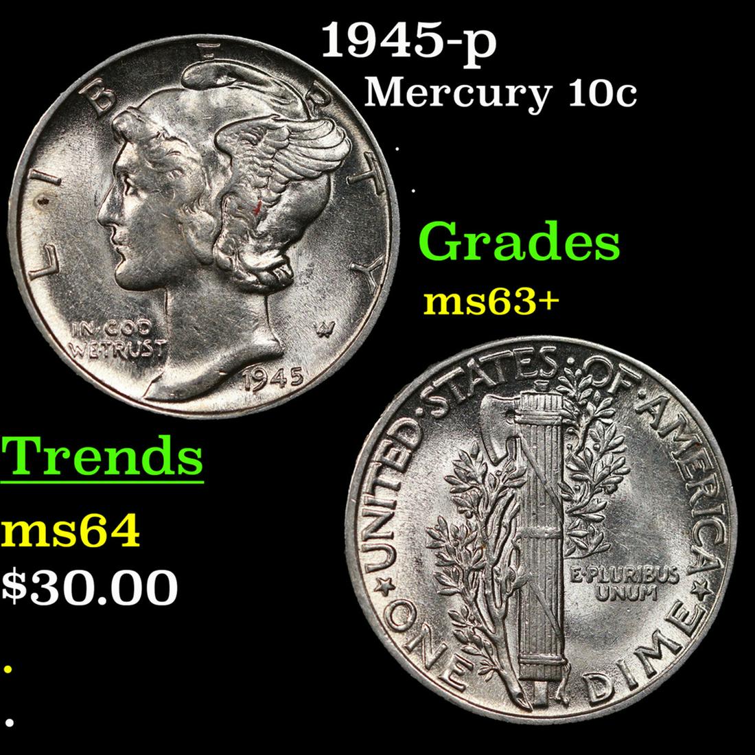 1945-p Mercury Dime 10c Grades Select+ Unc (1 of 3)