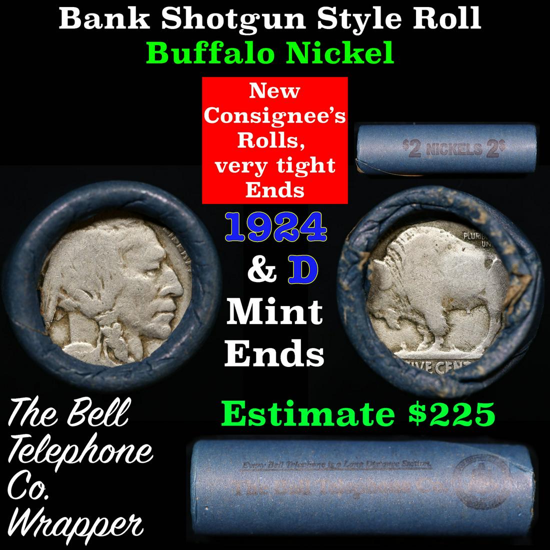 Buffalo Nickel Shotgun Roll in Old Bank Style 'Bell Telephone' Wrapper 1924 &d Mint Ends: Buffalo Nickel Shotgun Roll in Old Bank Style 'Bell Telephone' Wrapper 1924 &d Mint Ends. The roll is held in an old, rare "Bell Telephone Co." Bank style wrapper. This is the Bell Telephone logo from