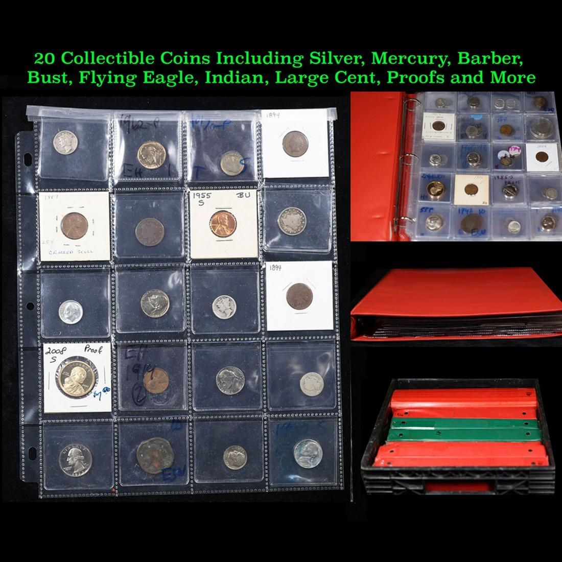 20 Collectible Coins Including Silver, Mercury, Barber, Bust, Flying Eagle, Indian, Large Cent, (1 of 9)