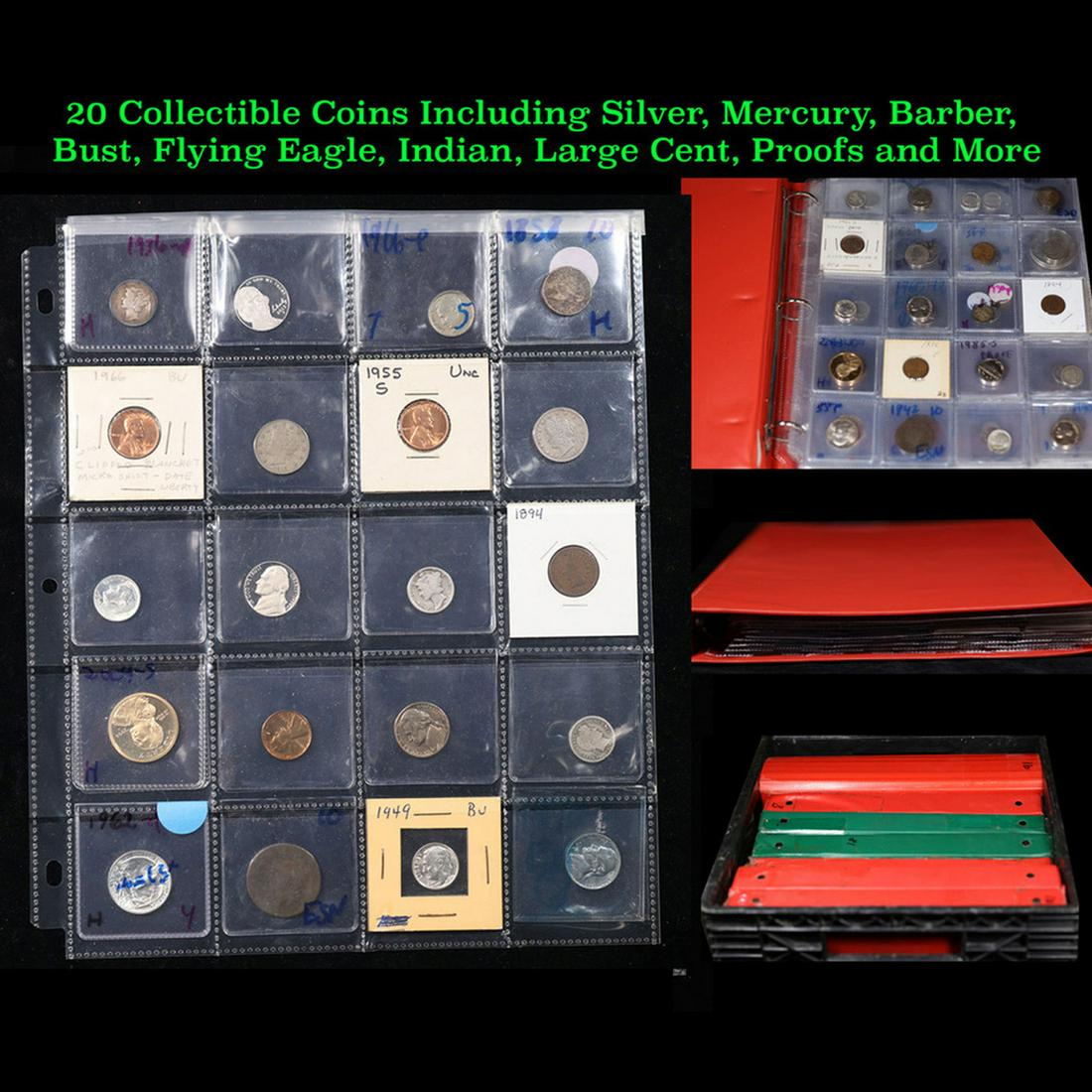 20 Collectible Coins Including Silver, Mercury, Barber, Bust, Flying Eagle, Indian, Large Cent,: 20 Collectible Coins Including Silver, Mercury, Barber, Bust, Flying Eagle, Indian, Large Cent, Proofs and More!. We have received a huge collection of over 10 thousand US coins in flips, 2x2 holders,