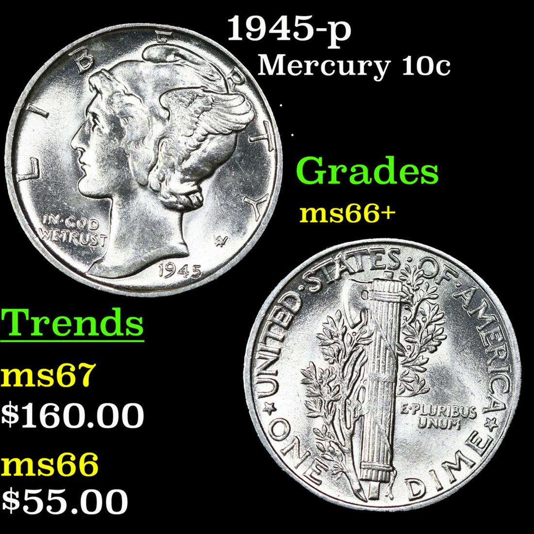 1945-p Mercury Dime 10c Grades GEM++ Unc: 1945-p Mercury Dime 10c Grades GEM++ Unc.